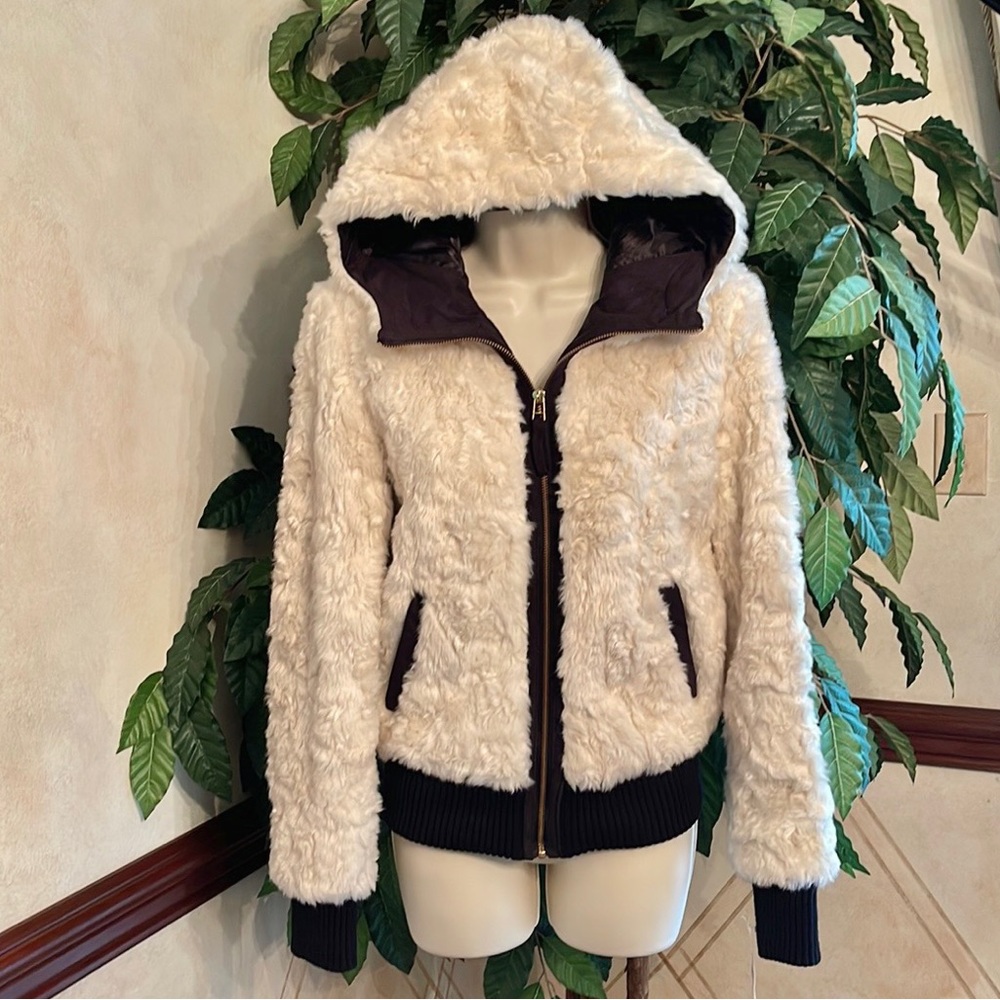 CREAM FAUX FUR BLACK TRIM BOMBER JACKET